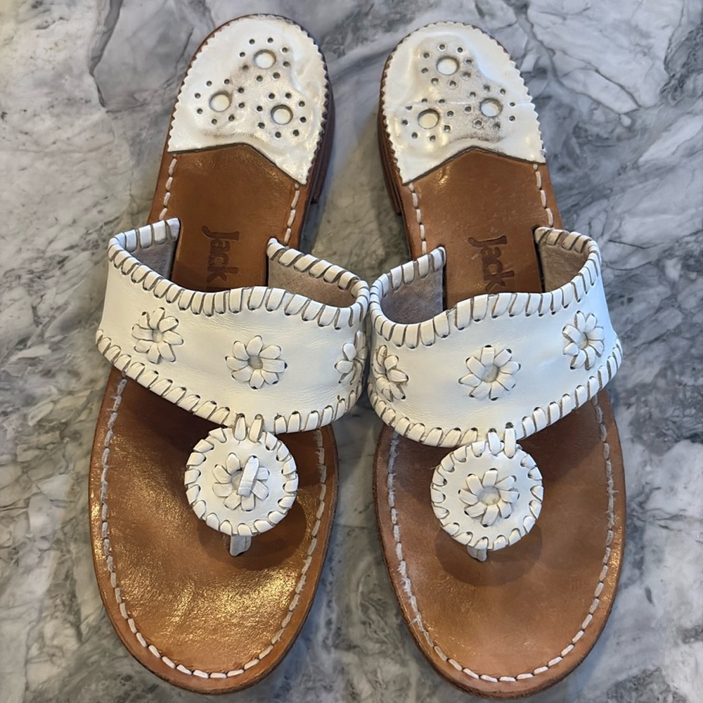 Jack Rogers Original Jacks, size 8M, leather, worn, small tear in leather.